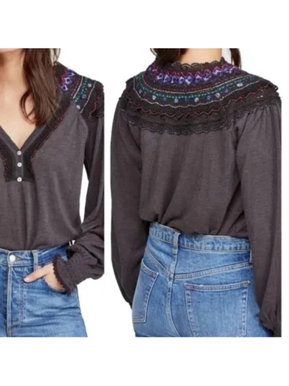Free People Siesta Long Sleeve Embroidered Top, Size L, Black